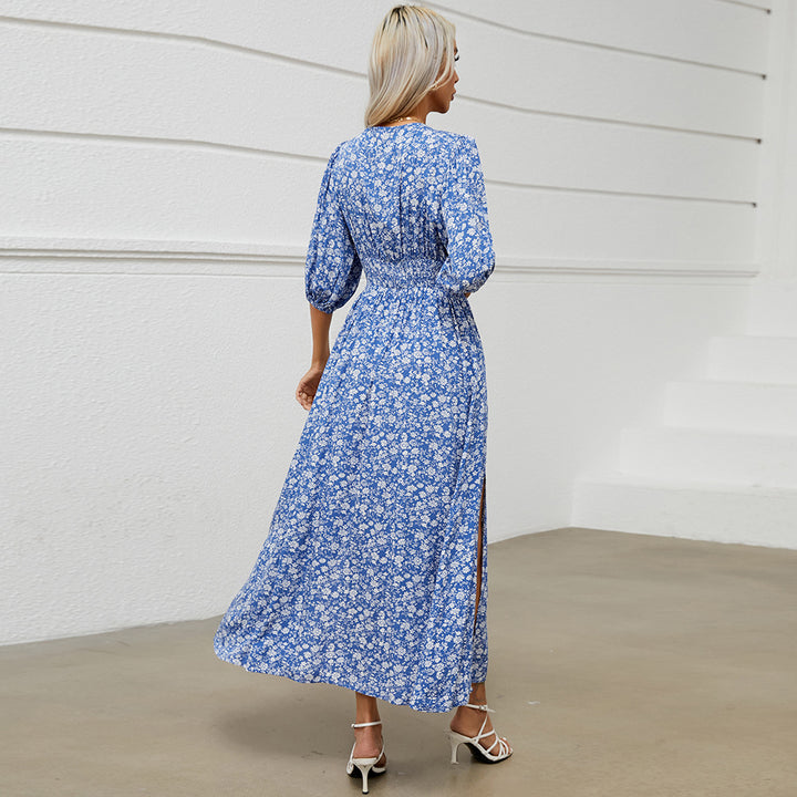 Damen Maxi-Kleid mit V-Ausschnitt und Femininen Puffärmeln Drune