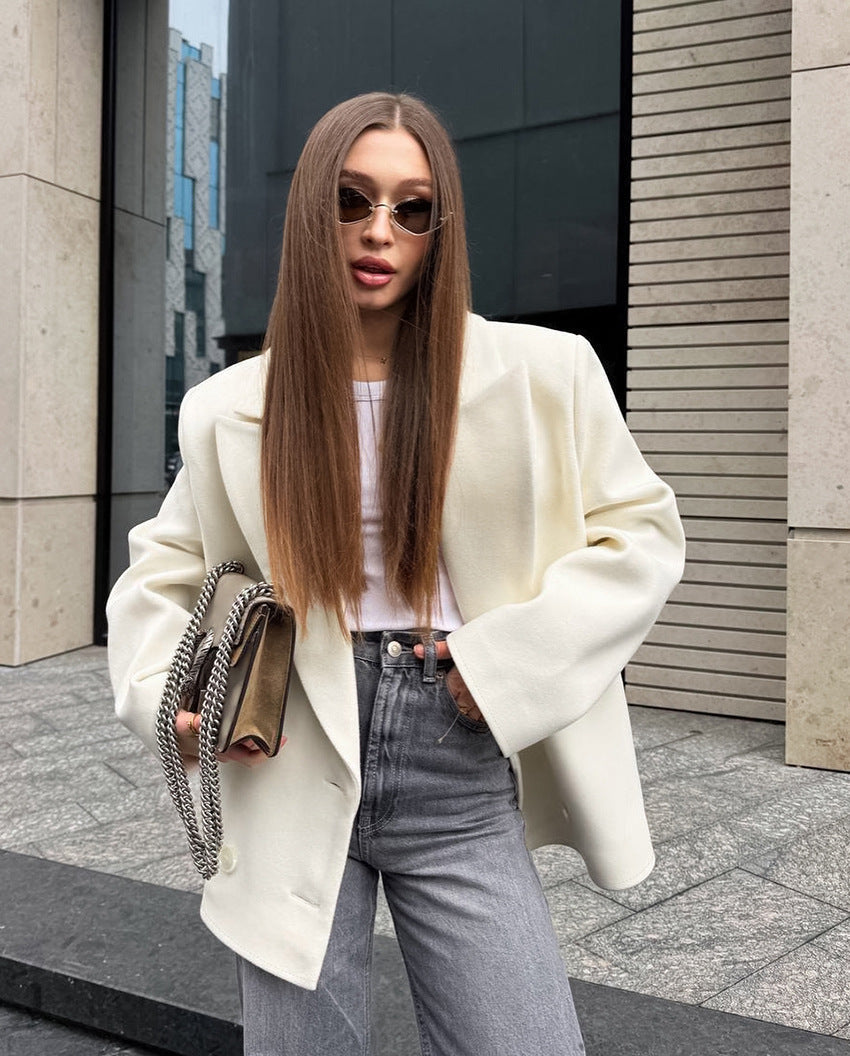 Drune | Village Beige Wolljacke mit Doppelter Brust