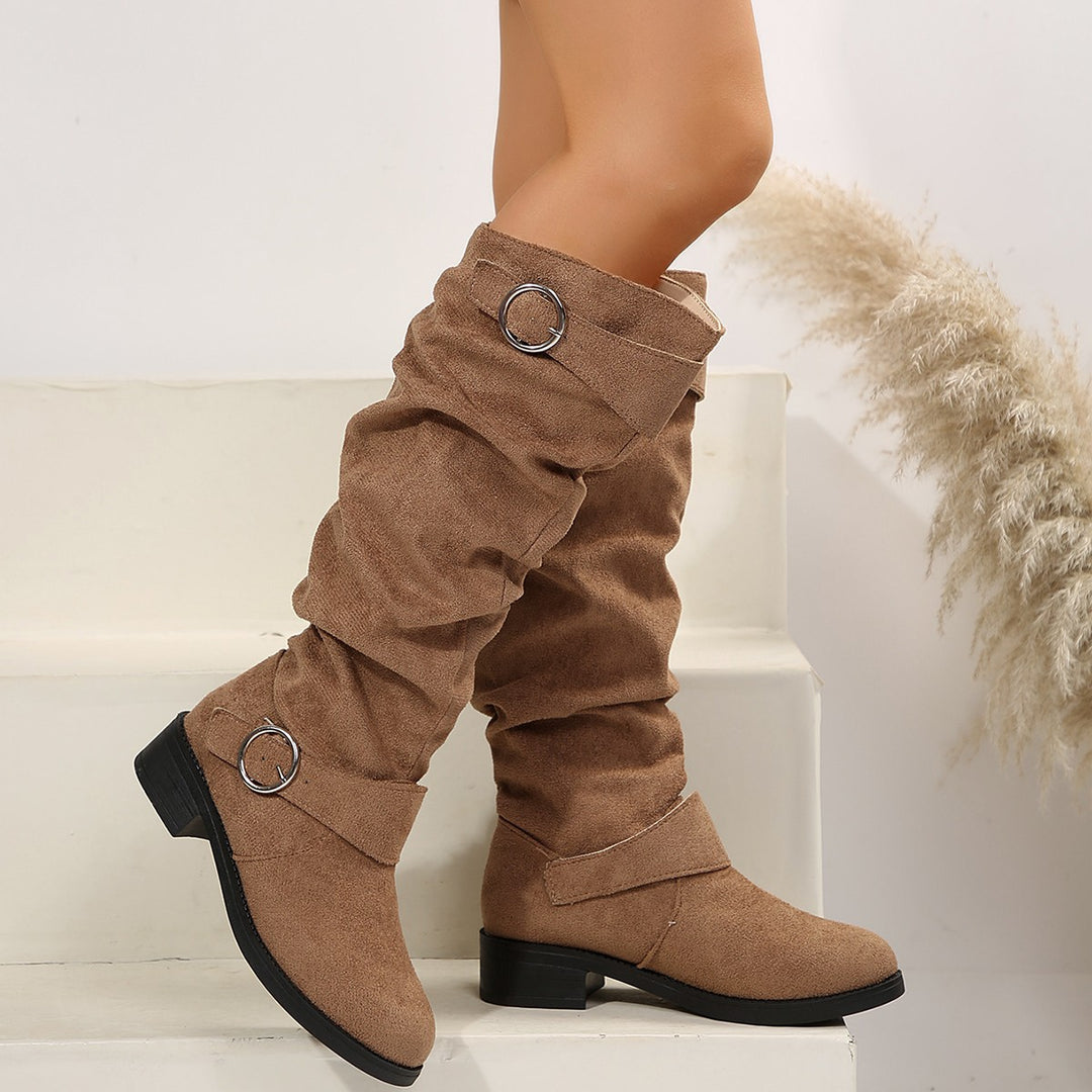 Damen Slouch-Stiefel kniehoch mit dekorativem Ringriemen und niedrigem Blockabsatz Drune