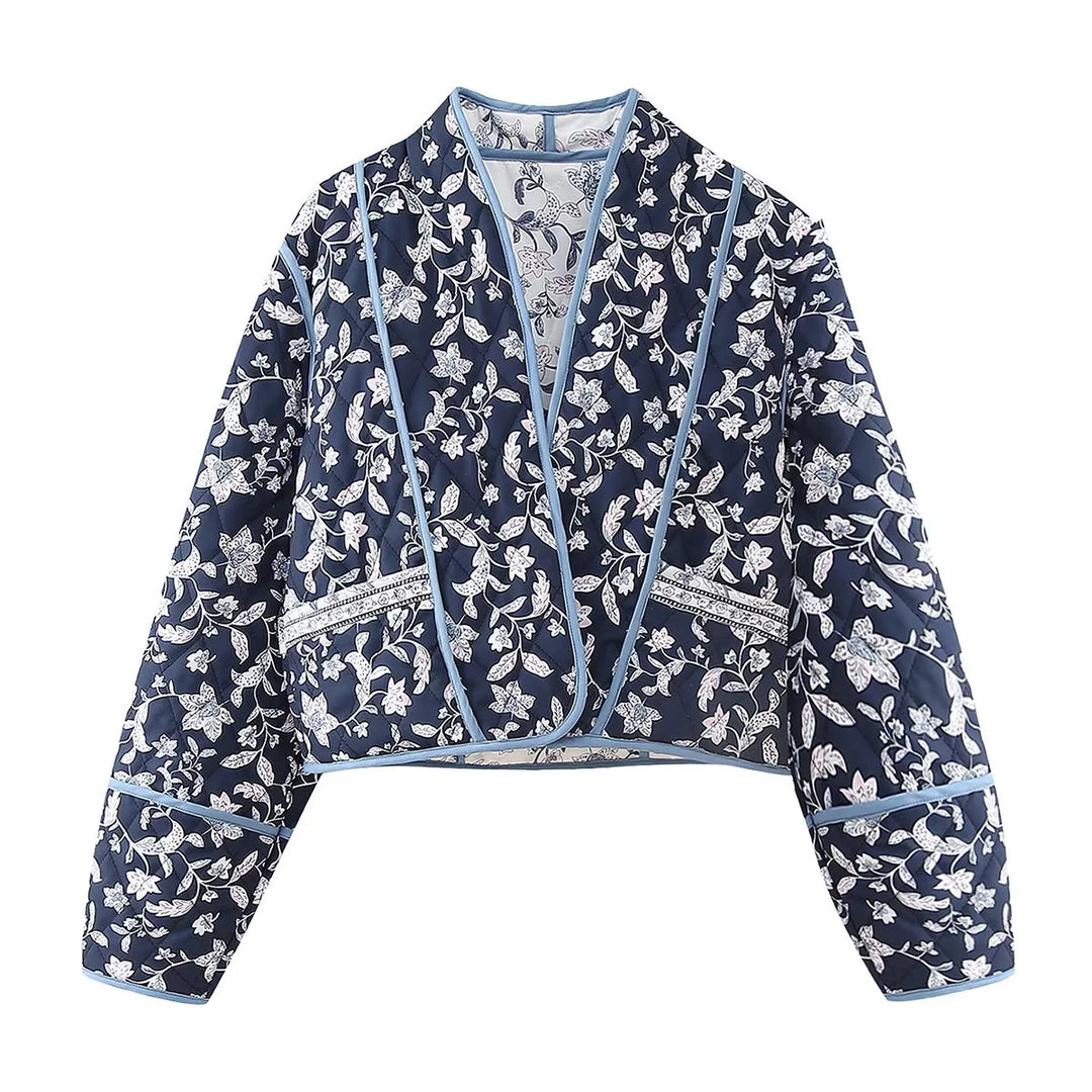 Damen nan gesteppte kurze Wende-Kimonojacke mit floraler Allover‑Steppung, offenem V‑Ausschnitt und kontrastierender Paspel Drune