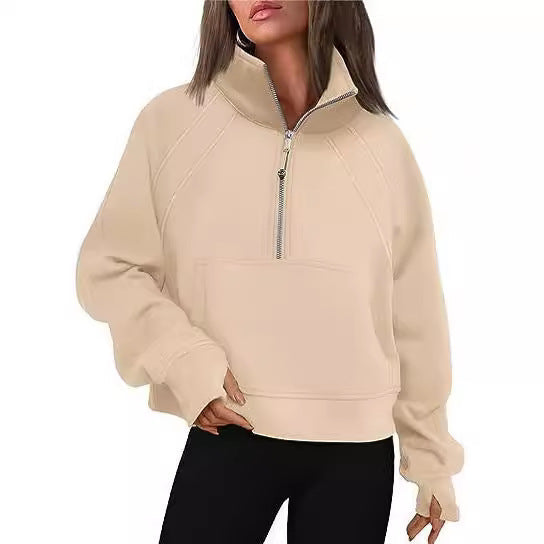 Damen sportlicher Hoodie mit kurzem Reißverschluss und praktischer Kängurutasche Drune