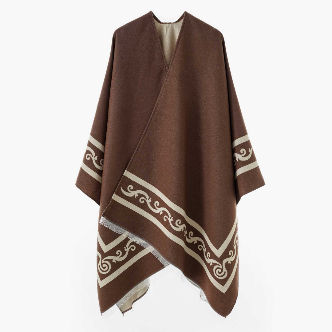 Damen Oversize Jacquard-Capeponcho aus Wollmix mit geometrischem Muster und Fransen Drune