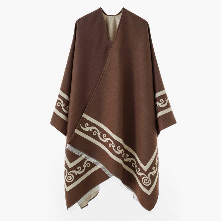 Damen Oversize Jacquard-Capeponcho aus Wollmix mit geometrischem Muster und Fransen Drune