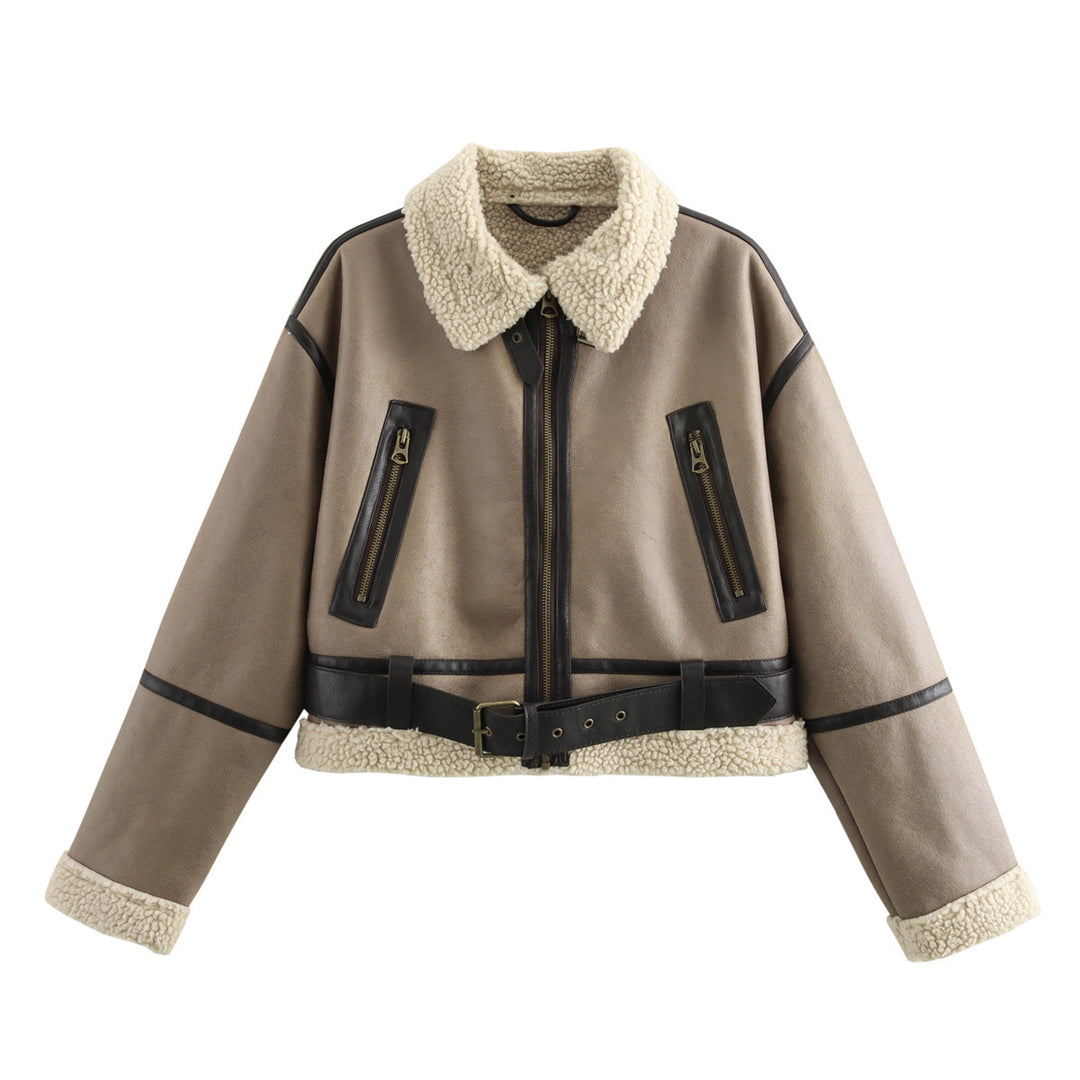 Damen lässige Lederjacke mit Teddyfellkragen und verstellbarem Gürtel Drune