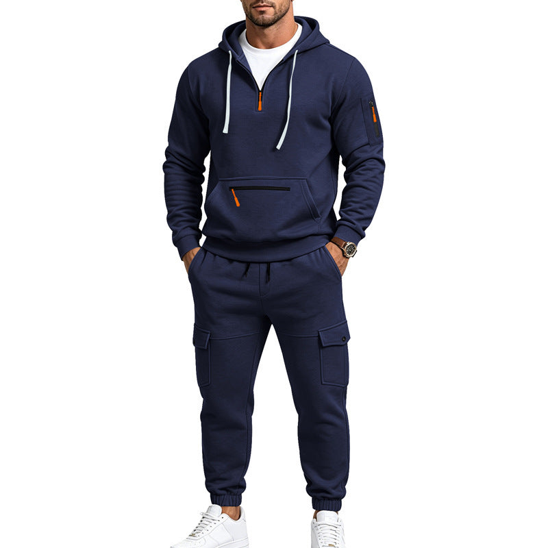 Herren Zweiteiliges Fleece-Loungewear-Set mit Halbzip-Kapuze und Cargo-Jogger Drune