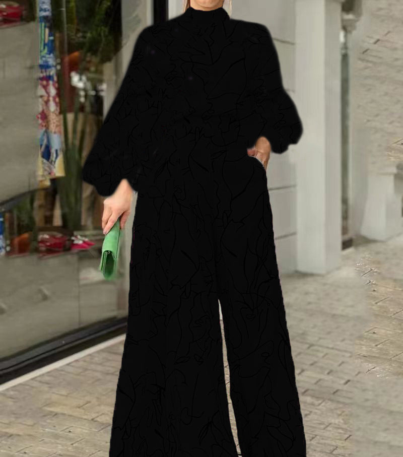 Damen Eleganter Longline Jumpsuit mit Stehkragen, Ballonärmeln und Seitentaschen Drune