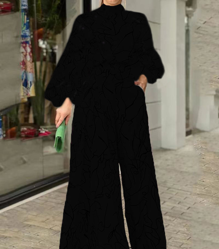Damen Eleganter Longline Jumpsuit mit Stehkragen, Ballonärmeln und Seitentaschen Drune
