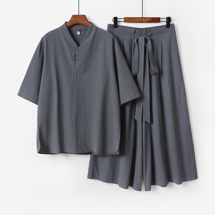 Unisex Zweiteiliges Kimono-Lounge-Set mit Stehkragen Kurzarmtop und weiter Bindbundhose Drune
