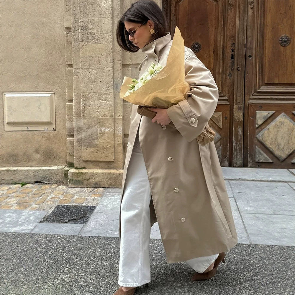Damen Maxi-Trenchcoat mit hohem Stehkragen, doppelreihiger Knopfleiste & Taillengürtel Drune