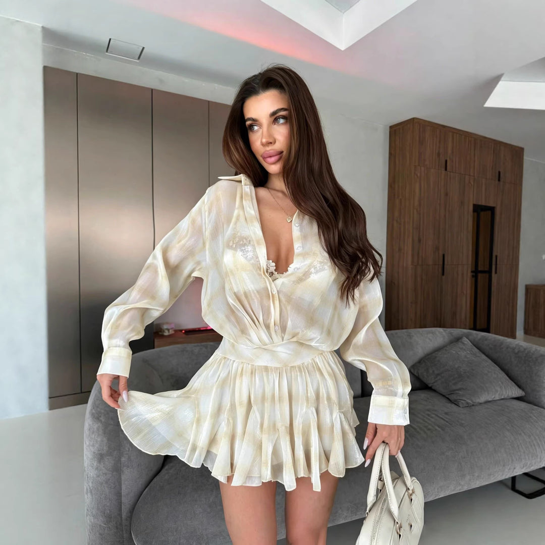 Damen elegantes Ensemble aus luftiger Bluse und gerafftem Rock