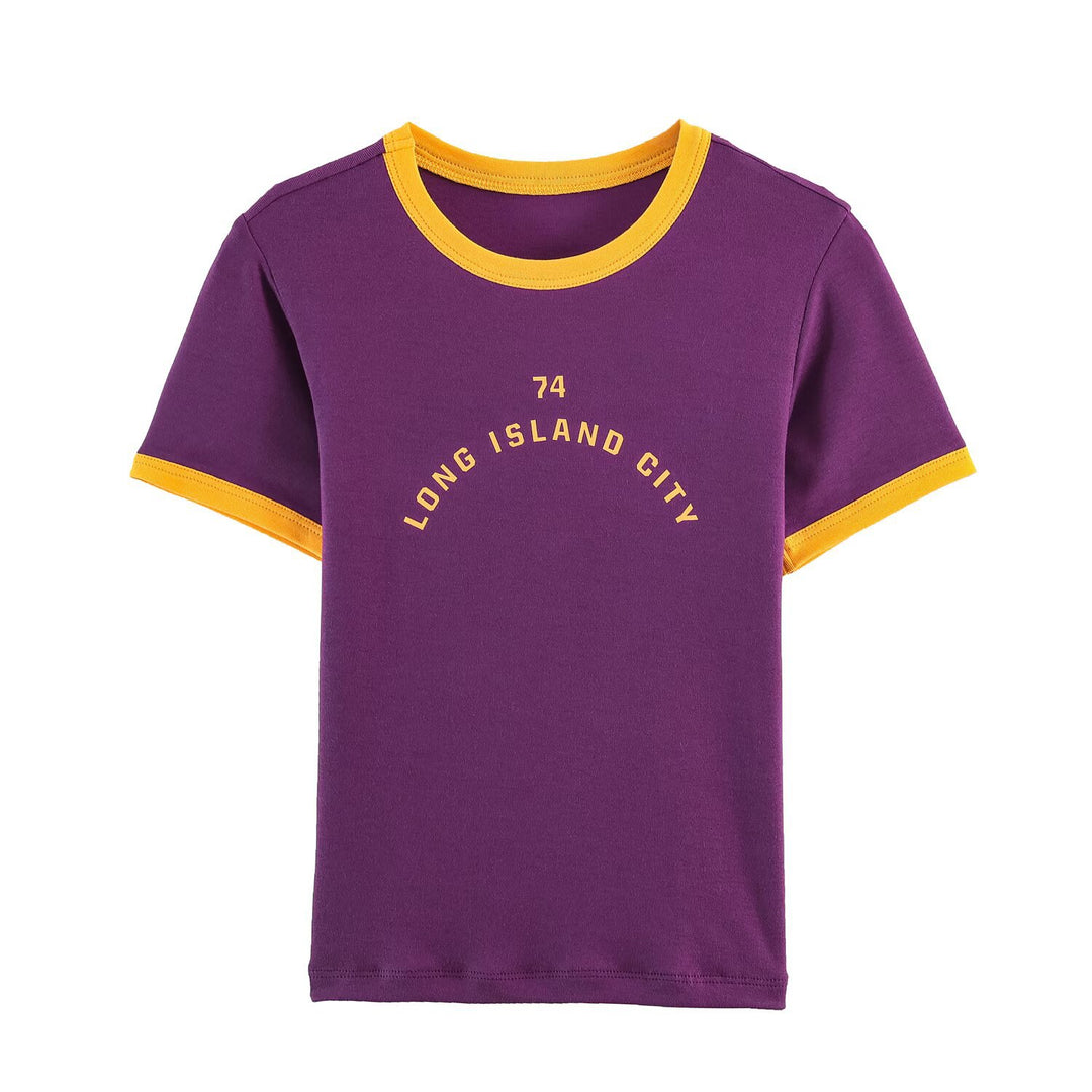 Damen modisches T-Shirt mit kontrastierenden Ärmeln und aufgedrucktem Schriftzug Drune