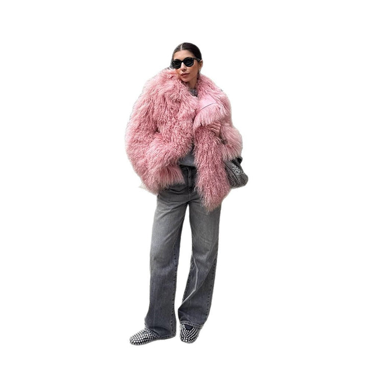 Damen Kurz geschnittener Shaggy Fauxfur Mantel mit voluminösem Schalkragen und Oversize-Silhouette Drune