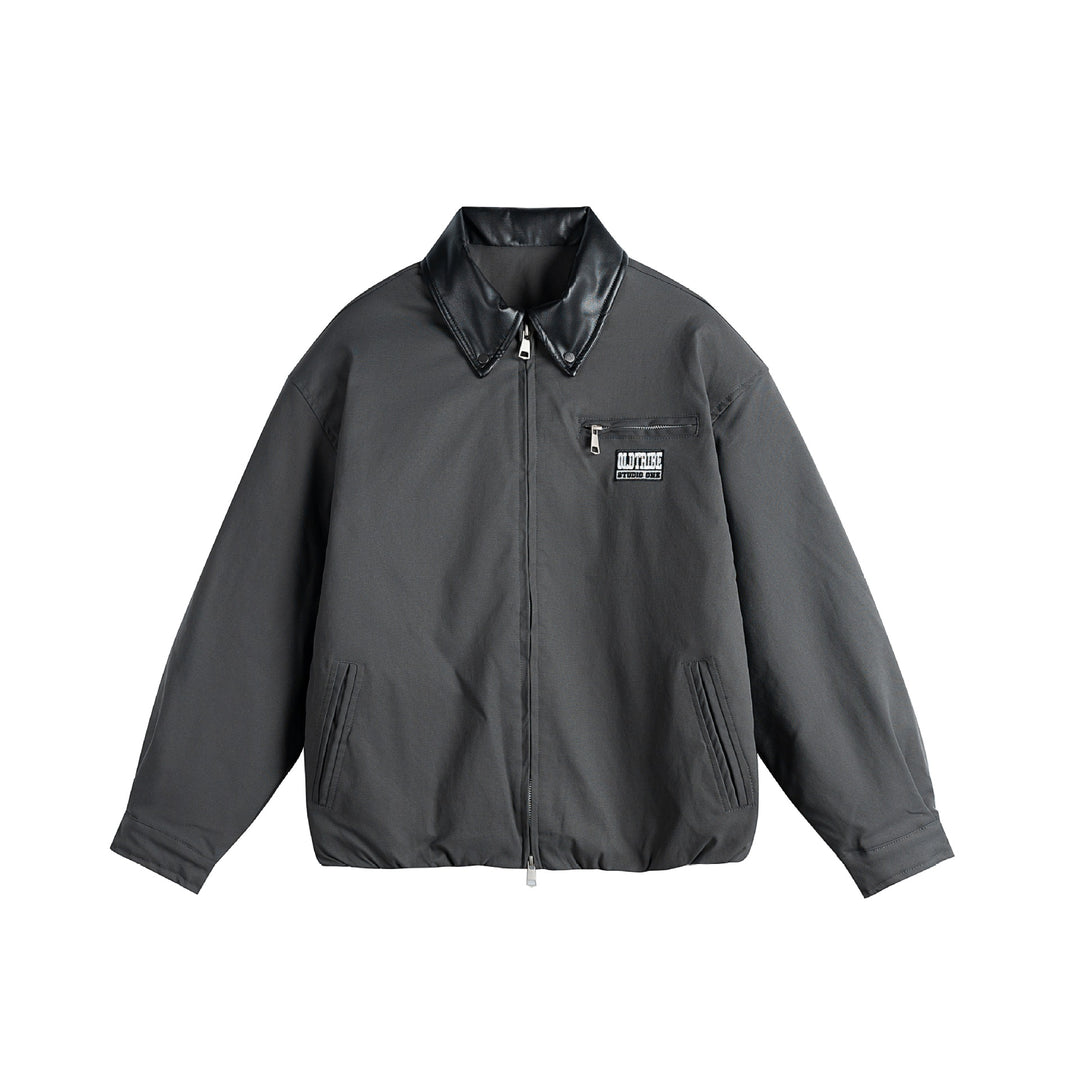Unisex Oversized Blousonjacke mit Kunstleder-Umlegekragen, Zwei-Wege-Reißverschluss und elastischem Saum Drune