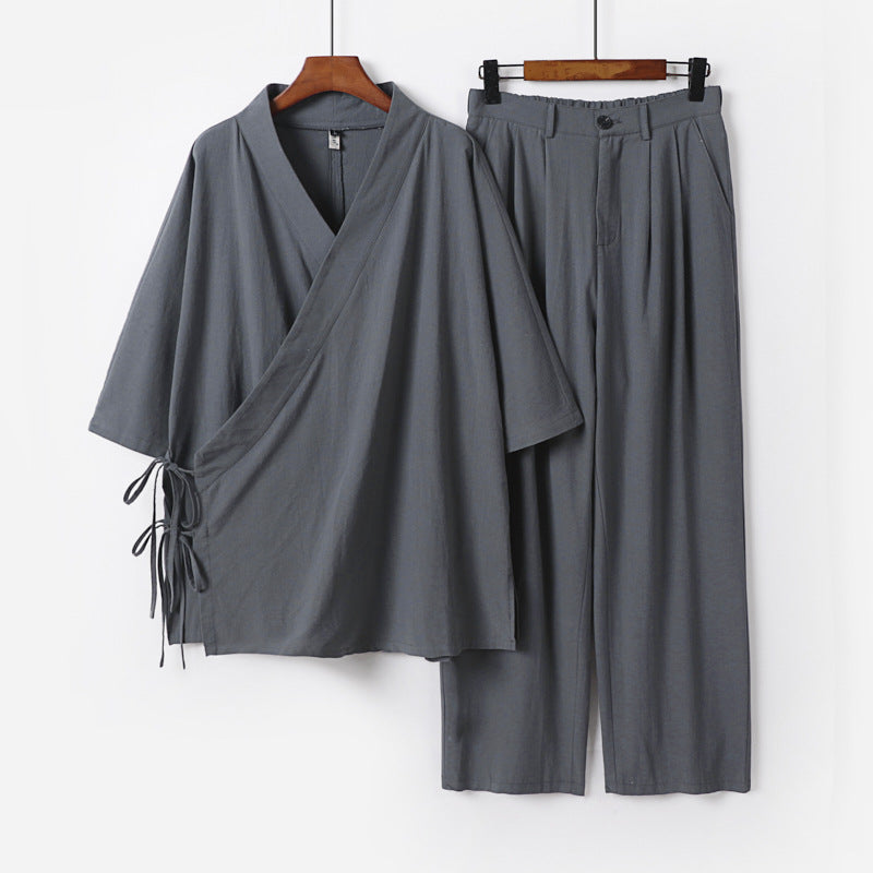 Unisex Kimono-Freizeit-Set mit Wickeloberteil und elastischer Bundhose Drune