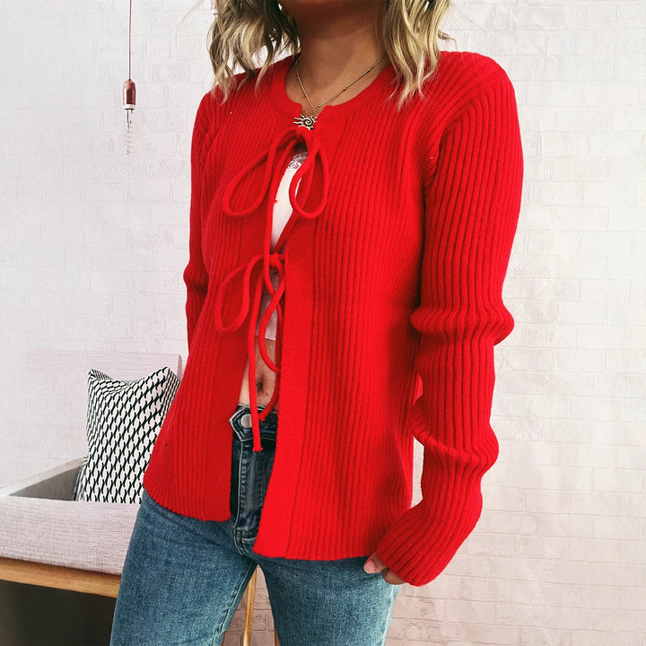 Damen modische Strickjacke mit raffiniertem Kordelzug und breiten Ärmeln Drune