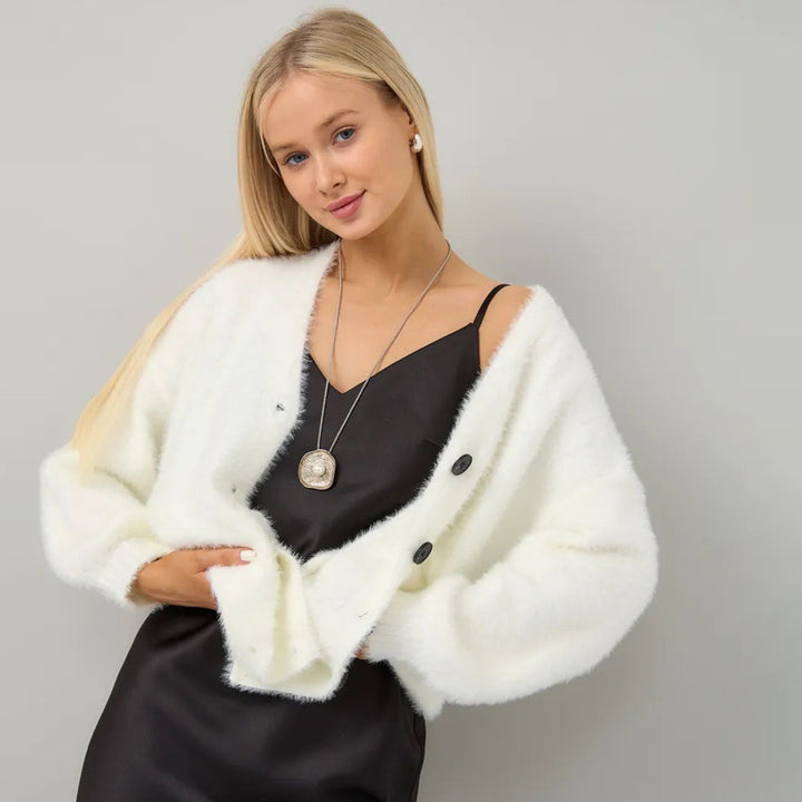 Damen kuschelige Strickjacke mit asymmetrischem Schnitt und Knopfverschluss Drune