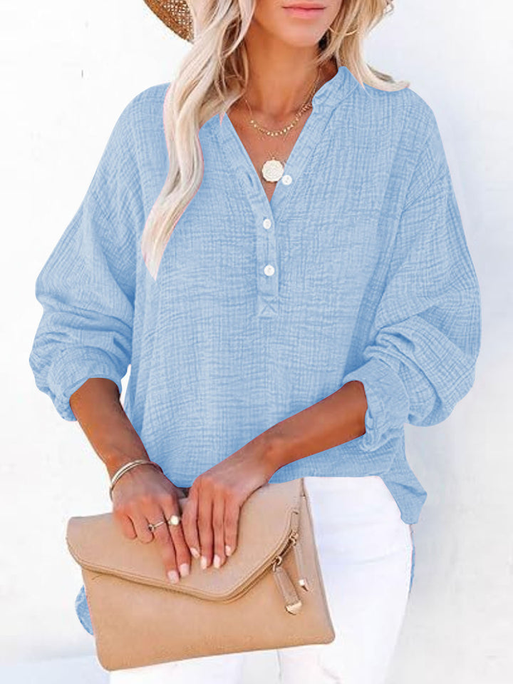 Damen Oversize Texturierte Baumwollbluse mit Henley-Knopfleiste Drune