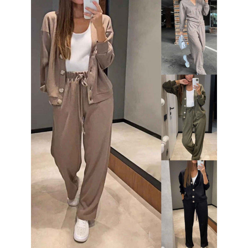 Damen Strick-Loungewear-Set mit V-Ausschnitt-Cardigan und weitem Kordelbund-Hose Drune