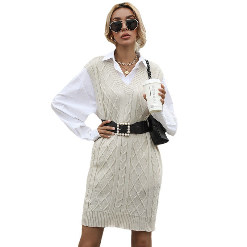 Damen Kabelstrick-Longweste mit V-Ausschnitt und Oversize-Silhouette Drune
