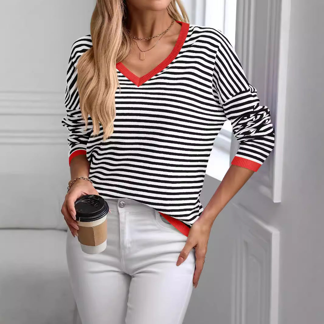 Damen lässiger Pullover mit niedrigem V-Ausschnitt und buntem Streifenmuster Drune