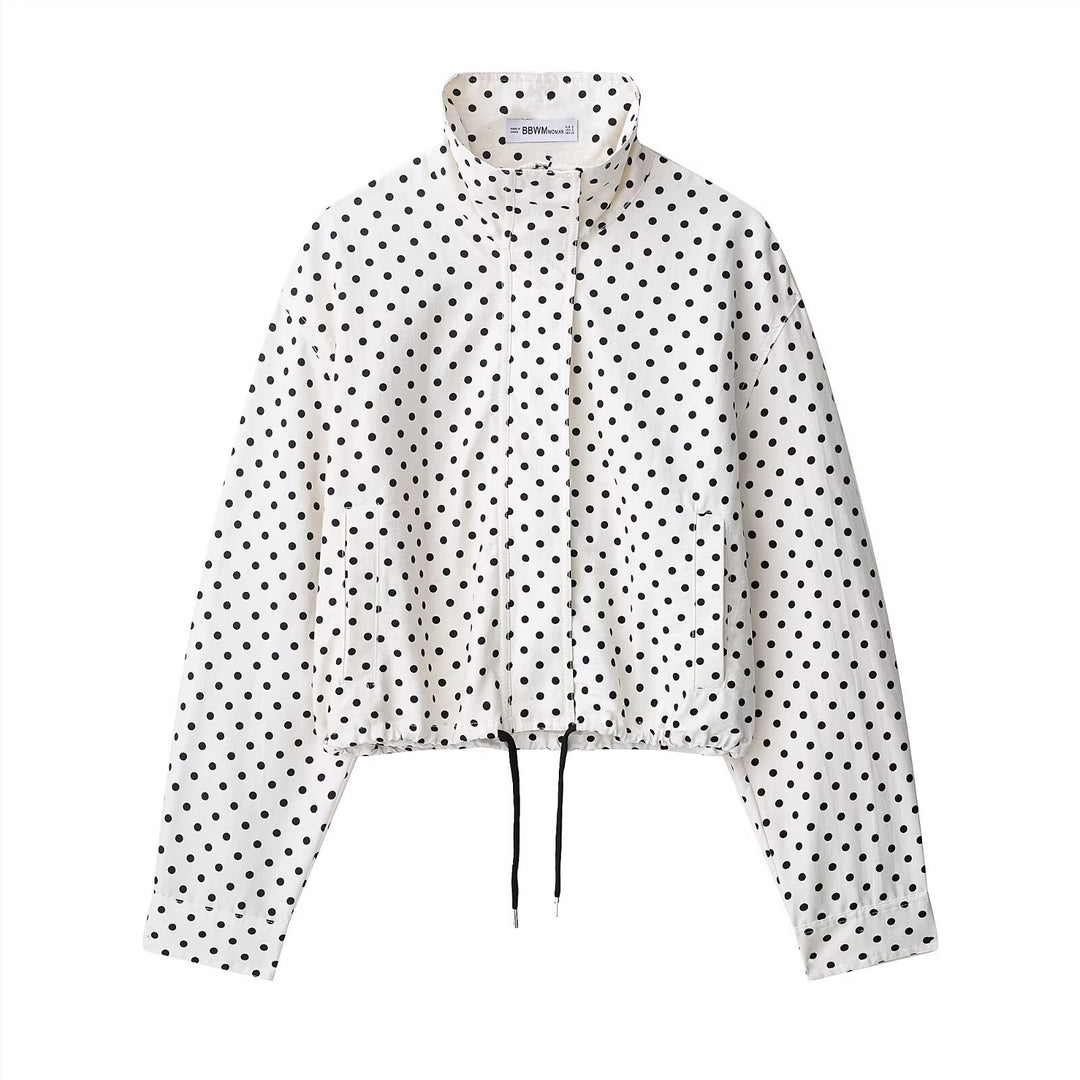 Damen Cropped-Übergangsjacke mit Polka-Dot, hohem Funnelkragen und Tunnelzug Drune