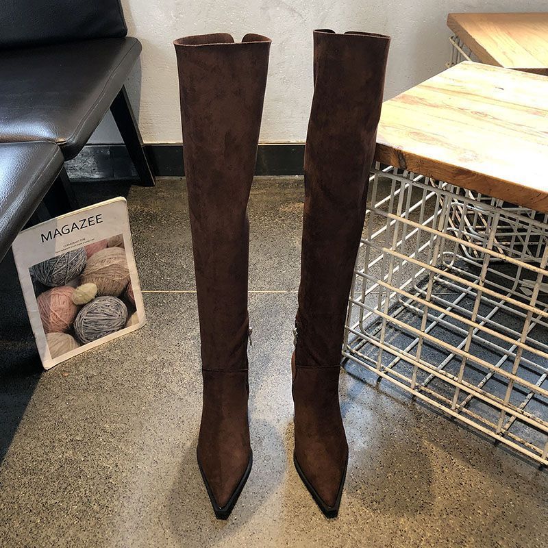 Damen Overknee-Stiefel aus Veloursoptik mit spitzer Zehenform und schmalem Absatz Drune