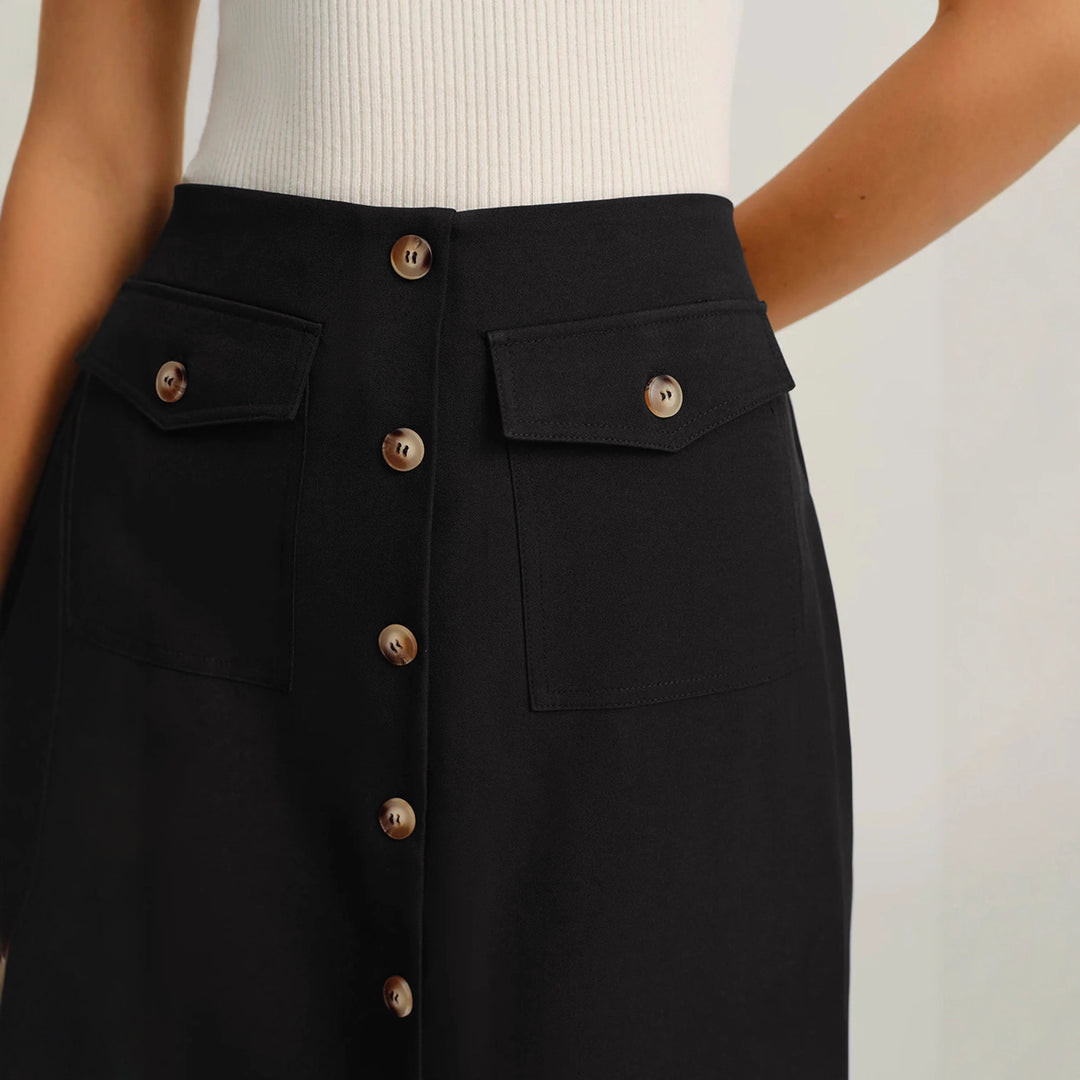 Damen Eleganter Midirock mit Knopfleiste und Taschen Drune