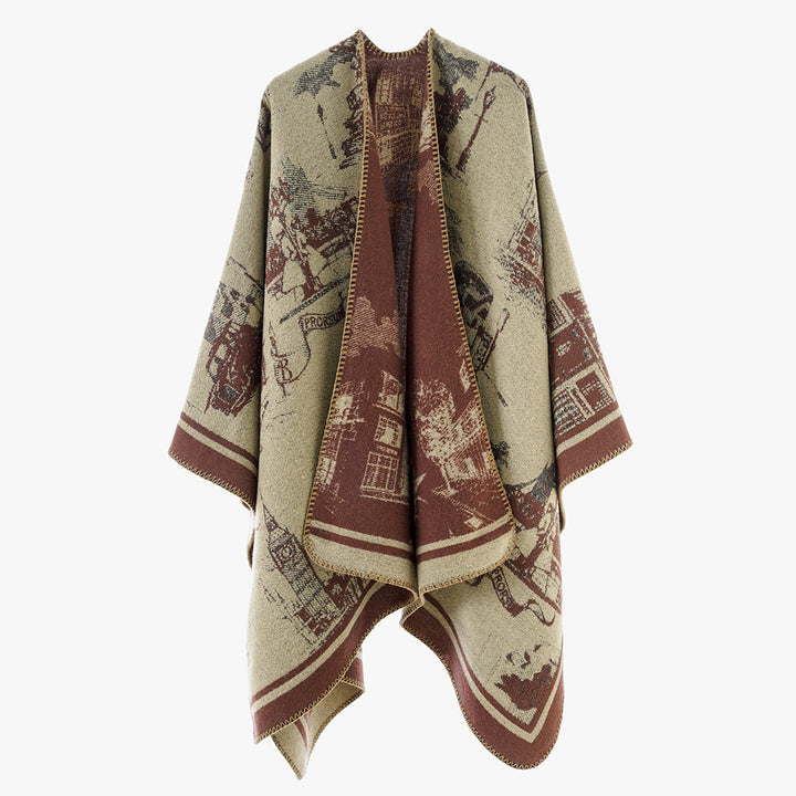 Damen Jacquard‑Capeponcho mit ikonischem Städte‑Jacquard und offenem Oversize‑Fall Drune