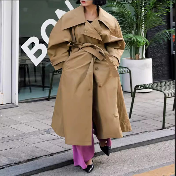 Damen Voluminöser Trenchcoat im Oversize-Look mit weitem Wasserfallkragen und Taillenbindegürtel Drune