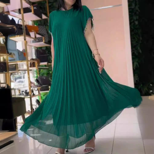 Damen nan elegantes Chiffon-Faltenmaxikleid mit weitem Schwingrock und Quastenärmeln Drune