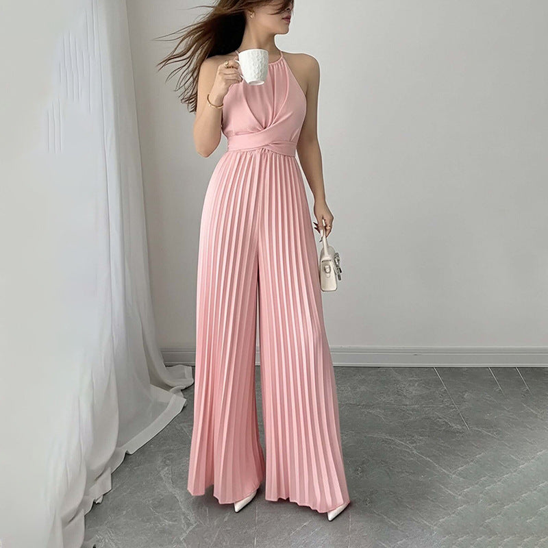Damen Plissierter Jumpsuit mit tiefem Ausschnitt und Taillierung Drune