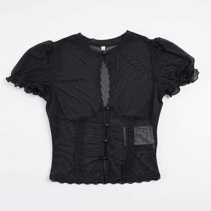Damen Spitze Oberteil mit Puffärmeln und dekorativen Knopfdetails Drune