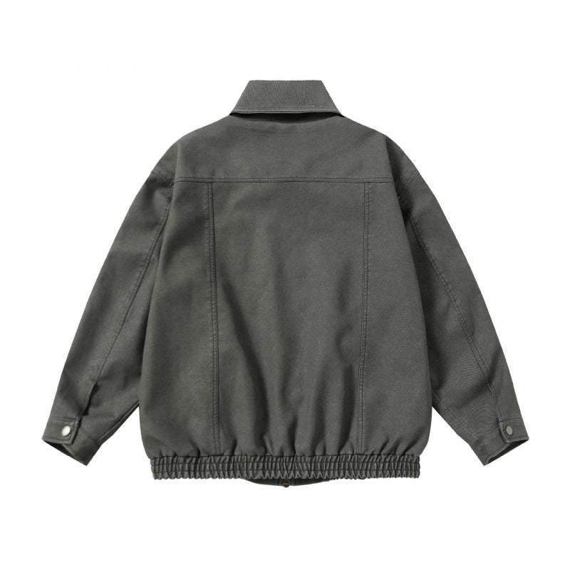 Unisex Boxy-Jeansjacke im Worker-Look mit durchgehendem Reißverschluss, Hemdkragen und elastischem Saum Drune