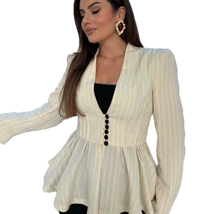 Damen Taillierter Peplum‑Blazer mit V‑Ausschnitt und dekorativer Knopfleiste Drune