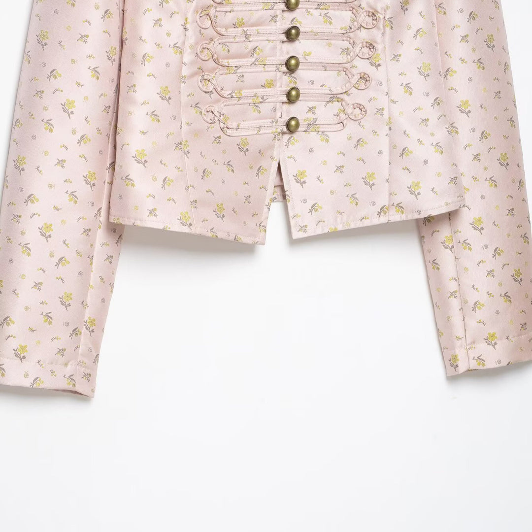 Damen Cropped Satin-Militärjacke mit Stehkragen und Zierfroschverschluss Drune