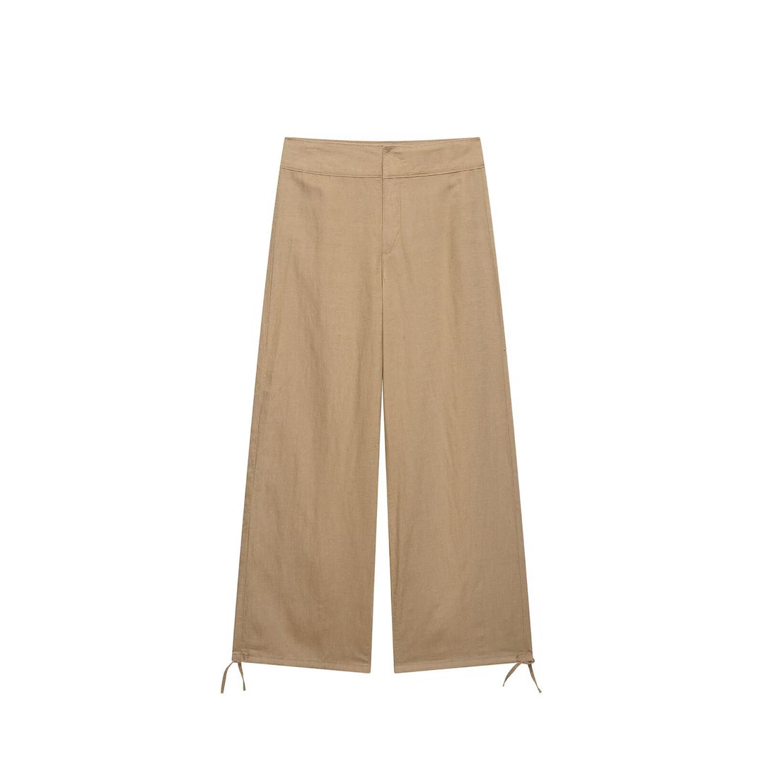 Damen Hochtaillierte Leinen-Mix Weite Hose mit Tunnelzug-Bund und Kordel-Saum Drune