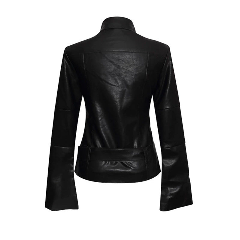 Damen Kunstleder-Bondagejacke mit verlängerten Ärmeln, Doppel-Reißverschlüssen und Taillengürtel Drune