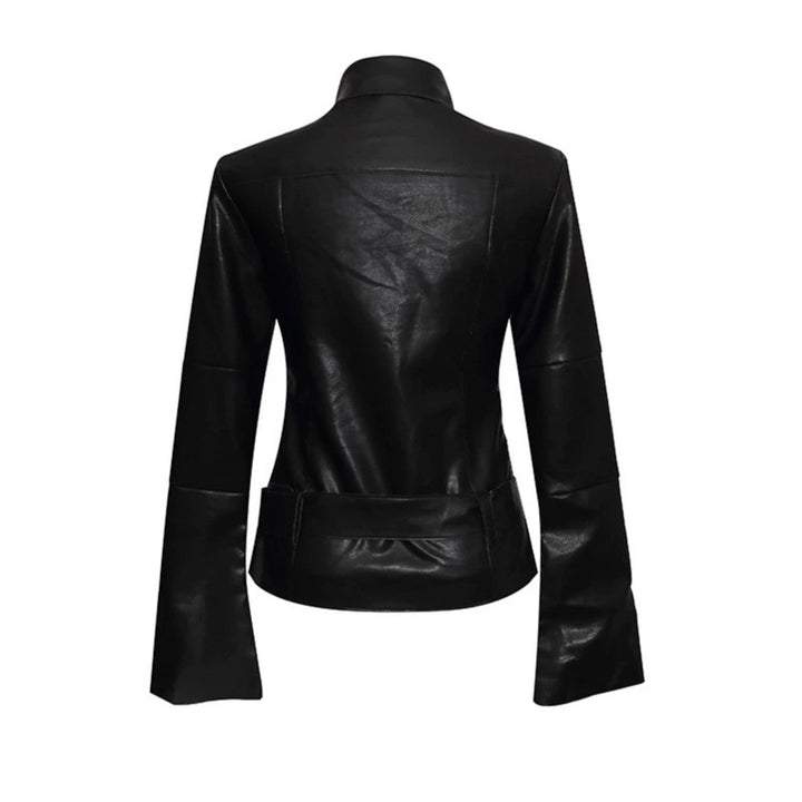 Damen Kunstleder-Bondagejacke mit verlängerten Ärmeln, Doppel-Reißverschlüssen und Taillengürtel Drune