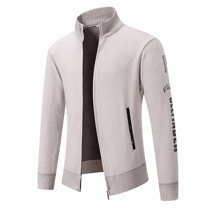 Herren Strukturierte Strickzipjacke mit Waffelstruktur, Stehkragen und Reißverschlusstaschen Drune