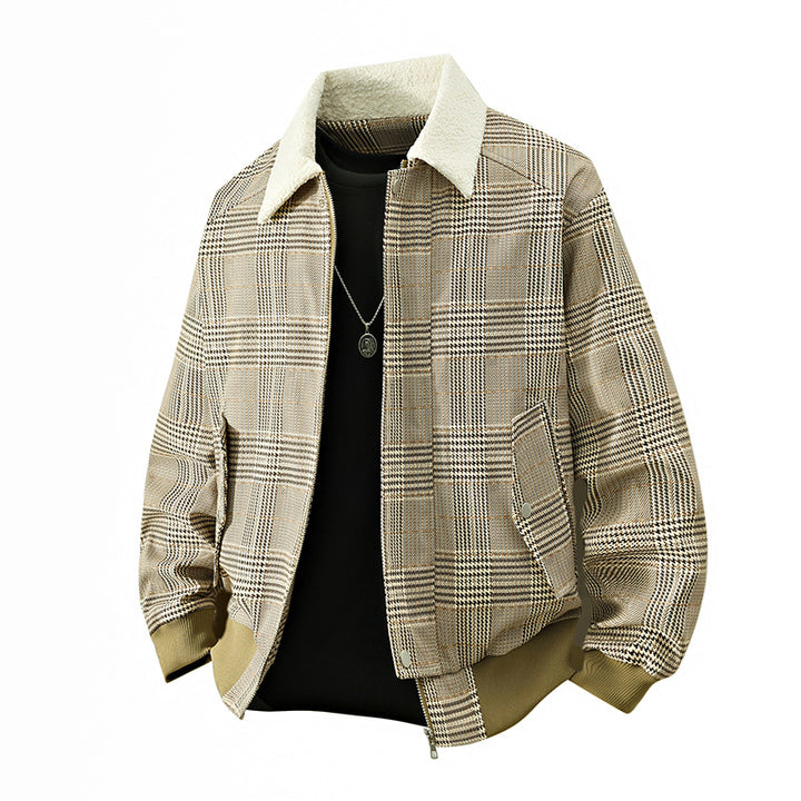 Herren kariertes Bomber-Übergangsjacke mit Teddykragen & gerippten Bündchen Drune