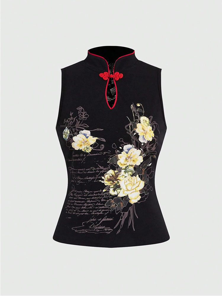 Damen Chinesisches Sticktop mit hochgeschlossenem Design und floralem Motiv Drune