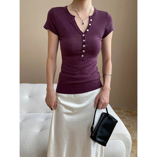 Damen figurbetontes Kurzarm-Henley-Shirt mit Knopfleiste Drune