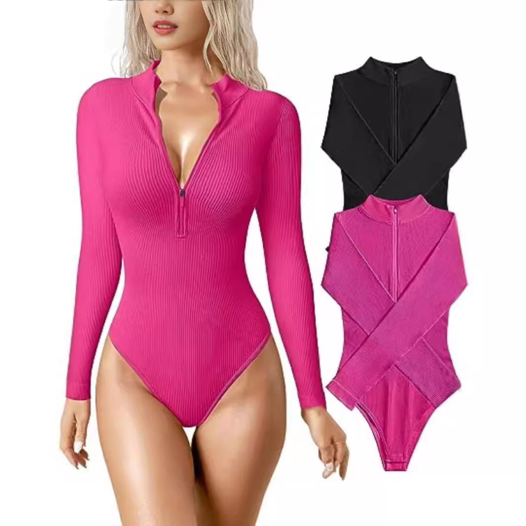 Damen Enganliegendes Rippstrick-Longsleeve mit Halbzip und Stehkragen Drune