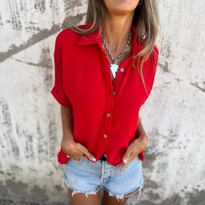 Damen Kurzärmlige Bluse mit schönem Knopfverschluss und lockerer Passform Drune