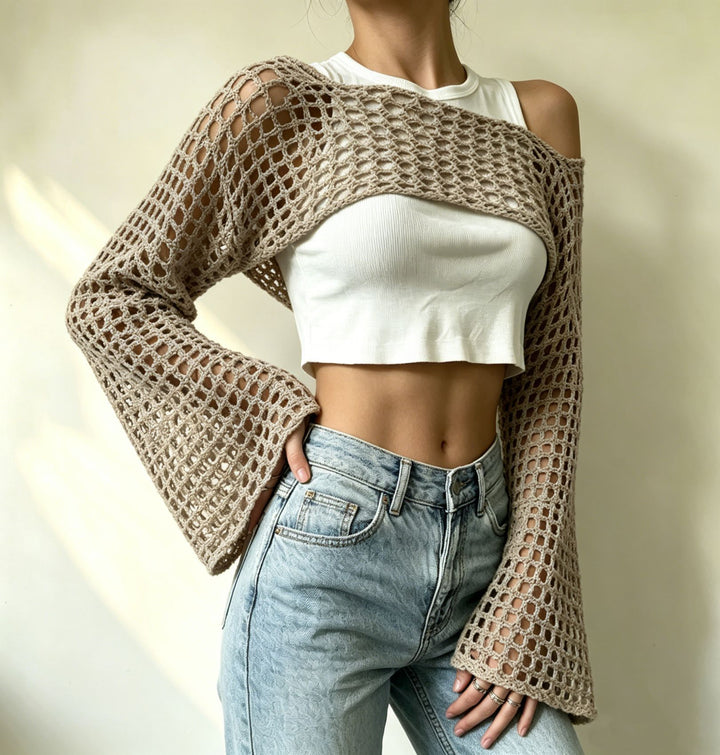 Damen gehäkelter kurzer Bolero mit asymmetrischem Schulterauschnitt und ausgestellten Ärmeln Drune