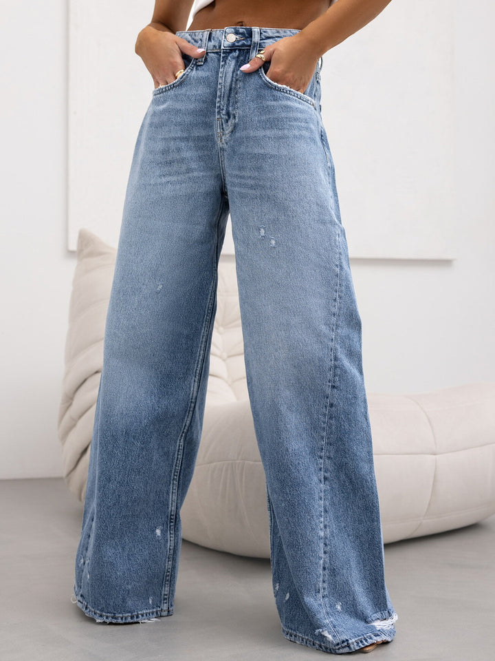 Damen weite High-Waist Jeans mit Distressed-Details Drune