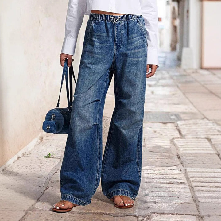 Damen weite High-Waist Denim-Hose mit elastischem Bund Drune