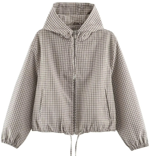 Damen Karierte Cropped Kapuzenjacke mit Tunnelzugsaum und Zwei‑Wege‑Reißverschluss Drune