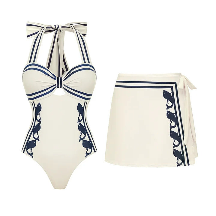 Damen Einteiler Badeanzug mit raffiniertem Cut-Out und dekorativen Schleifen Drune