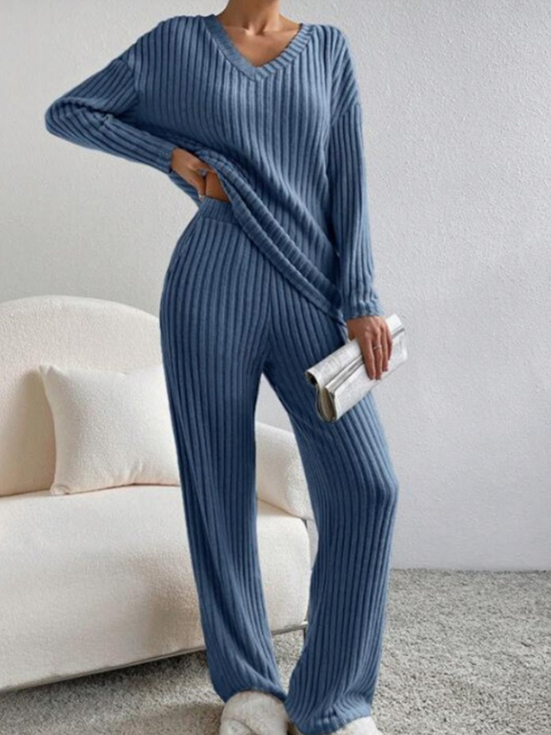 Damen Strick-Loungewear Set mit Rippenstruktur und V-Ausschnitt Drune